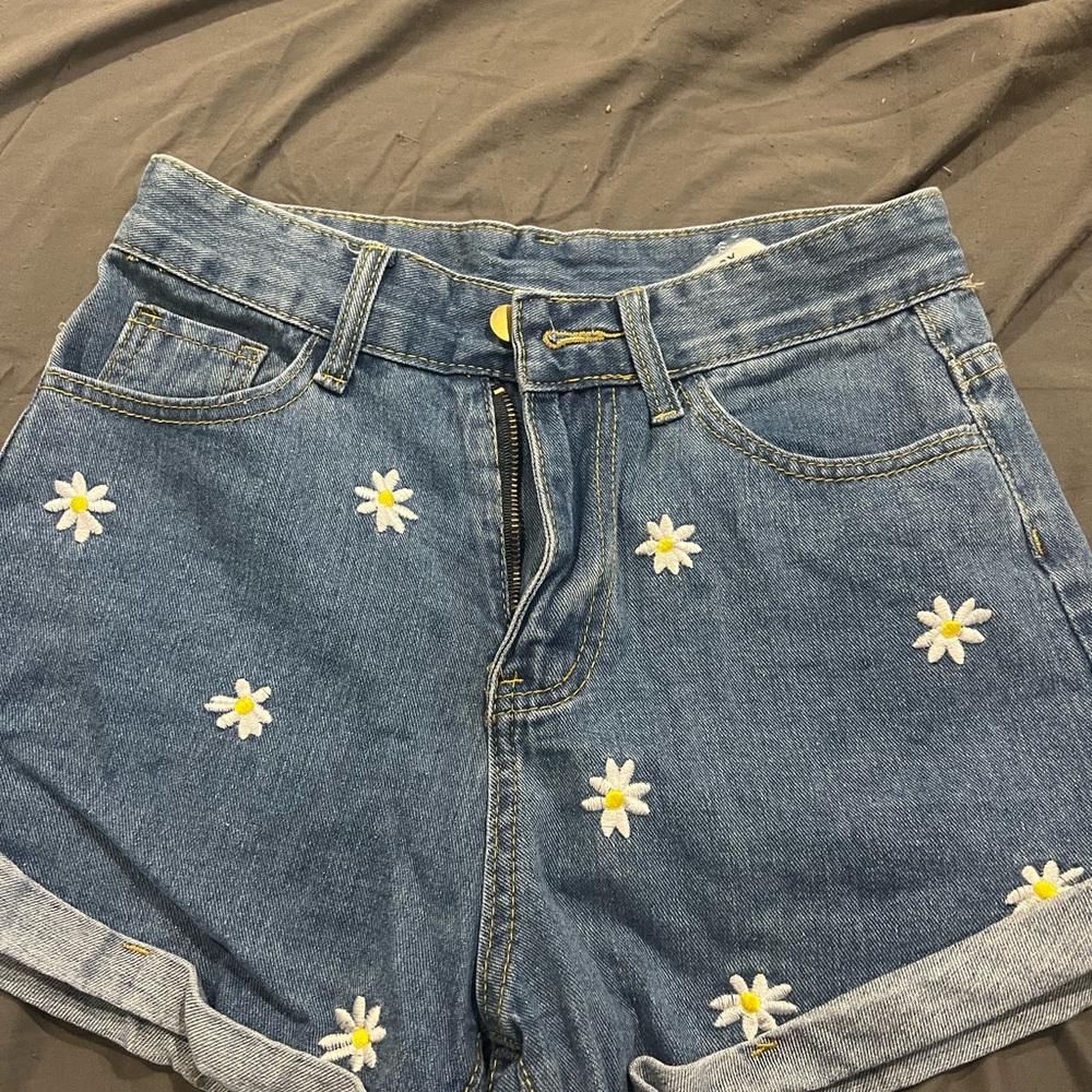 SHEIN Blue Jean Shorts with Daisy Embroidery